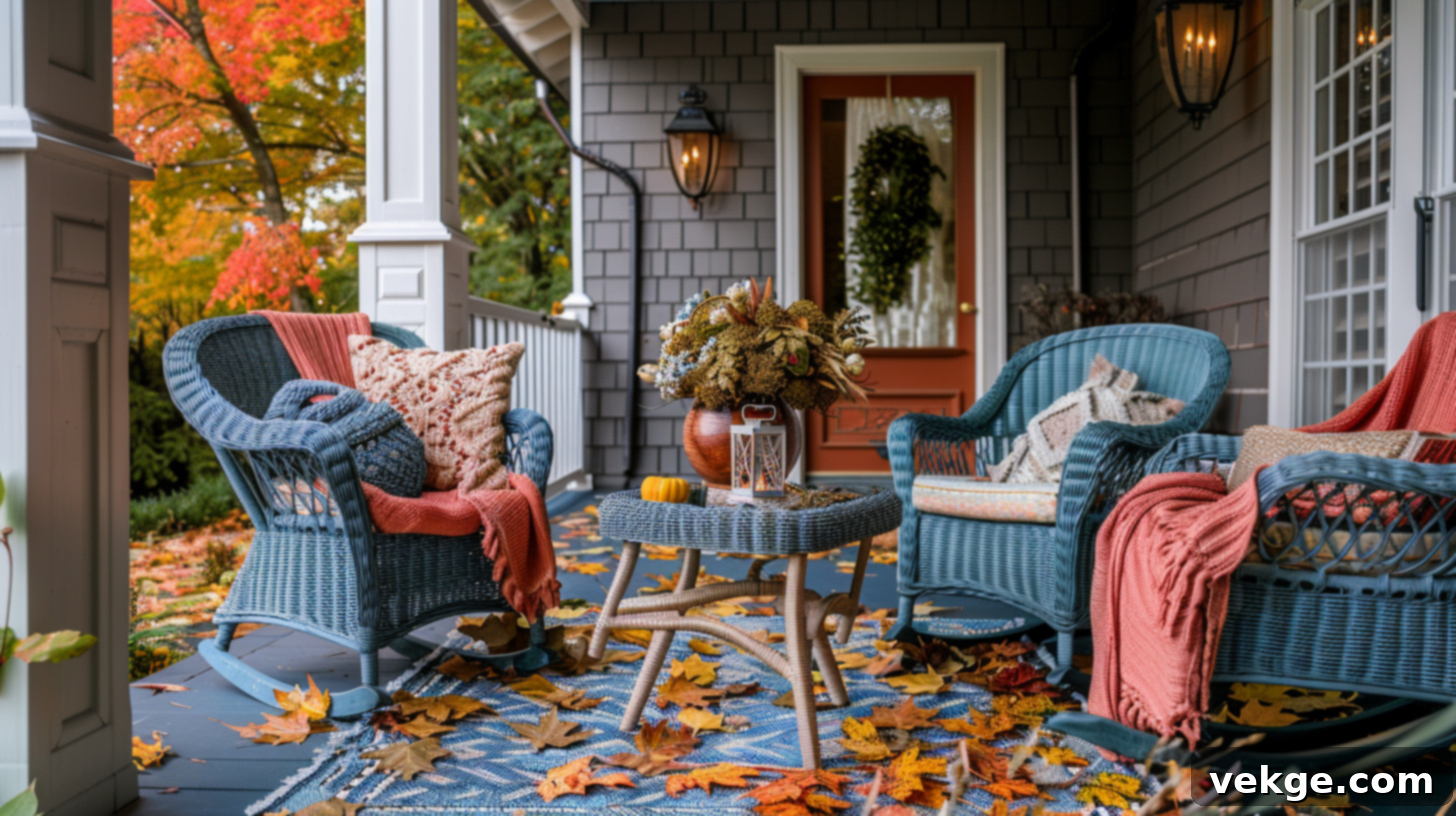 Harvest Season Porch Decor Ideas 22 Vibrant Colorful Furniture with Throw Blankets for a Cheerful Fall Porch
