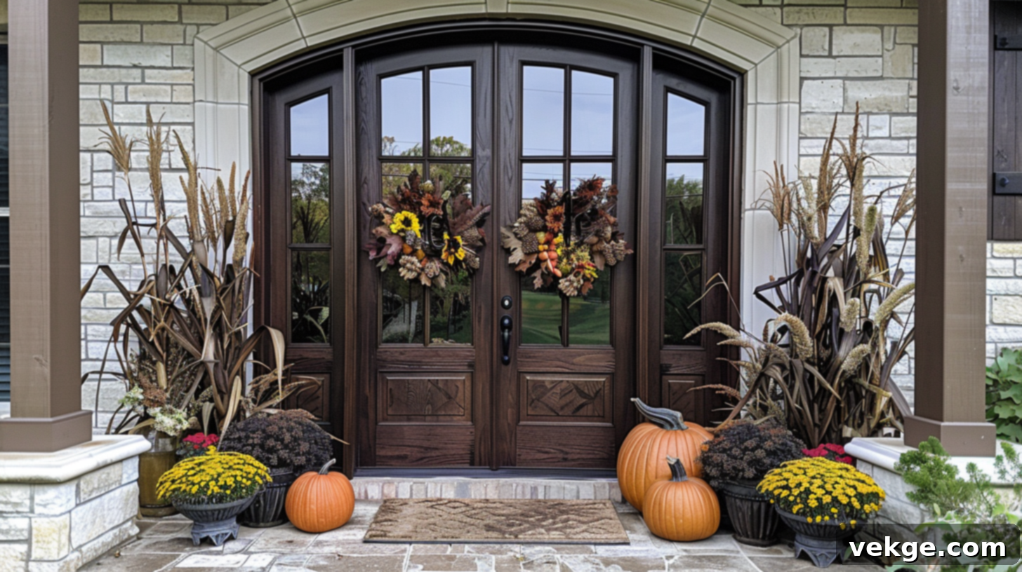 Harvest Season Porch Decor Ideas 23 Front Door Repainted in Warm Fall Color with Matching Wreaths and Plants