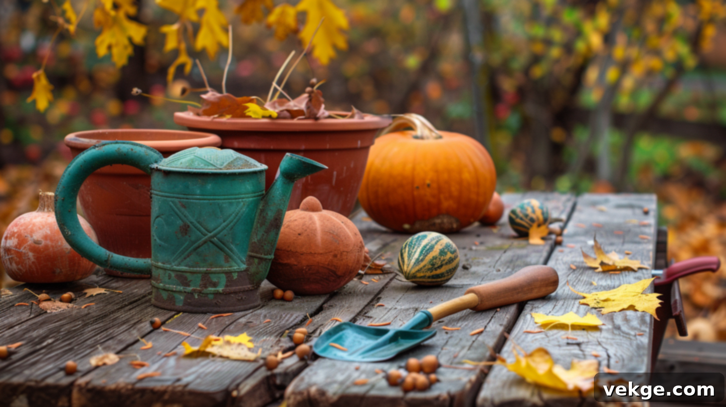 Harvest Season Porch Decor Ideas 24 Rustic Fall Porch Decor Incorporating Vintage Gardening Tools, Pumpkins, and Plants