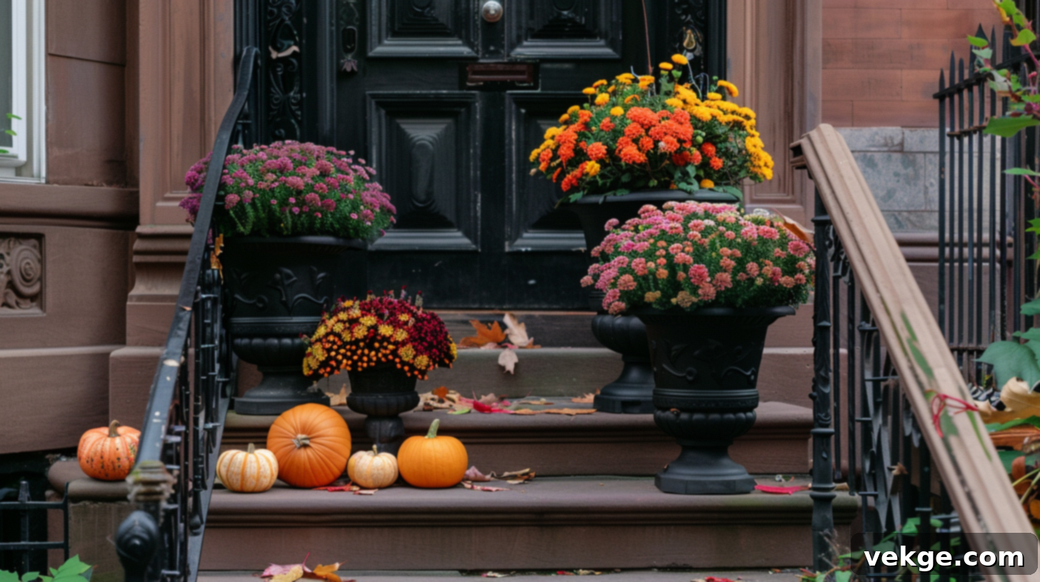 Harvest Season Porch Decor Ideas 25 Vibrant Colorful Chrysanthemums in Black Urns with Pumpkins for Fall Porch