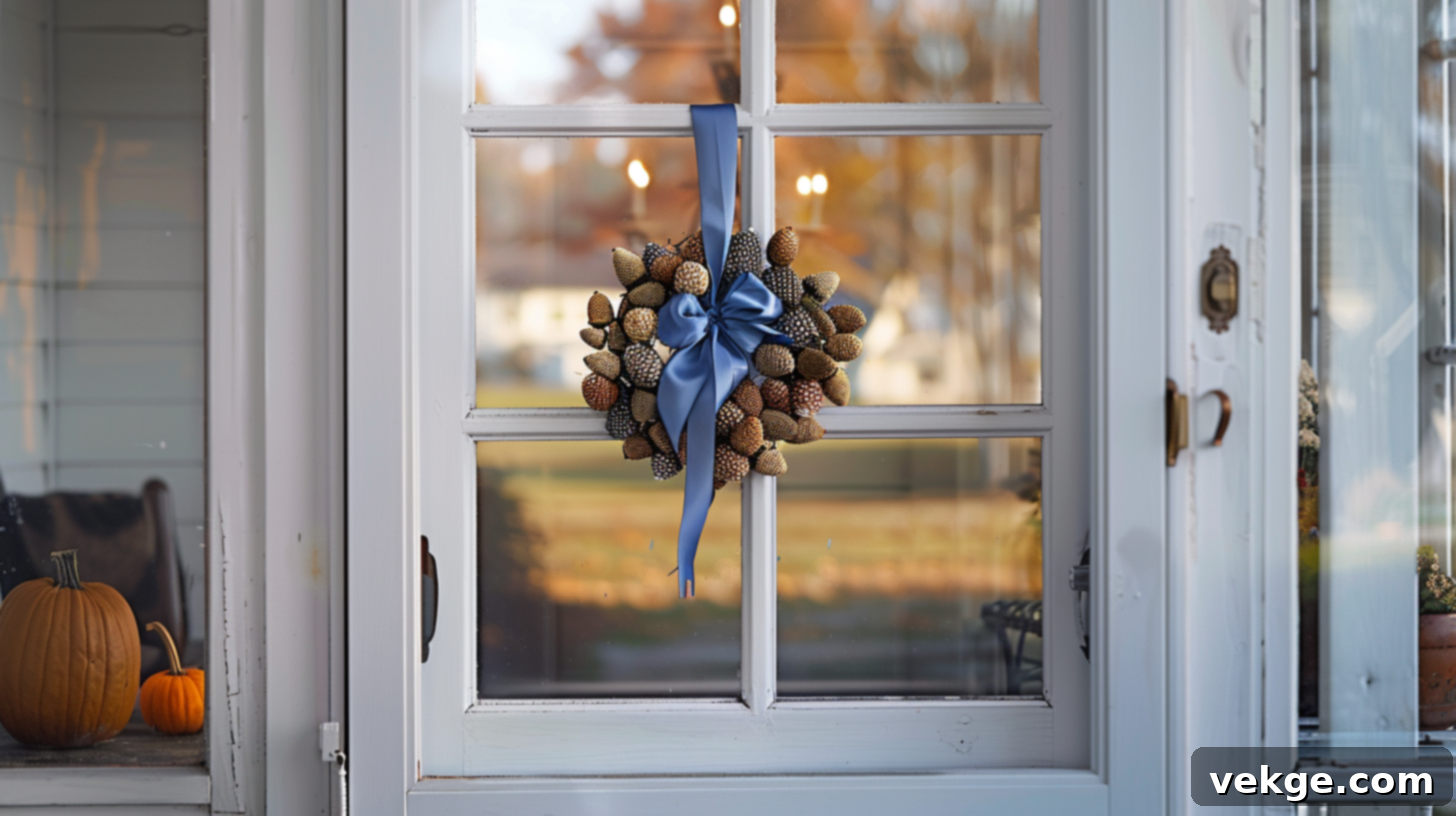 Harvest Season Porch Decor Ideas 26 Simple Elegant Acorn Wreath with Blue Ribbon for Fall Door Decor