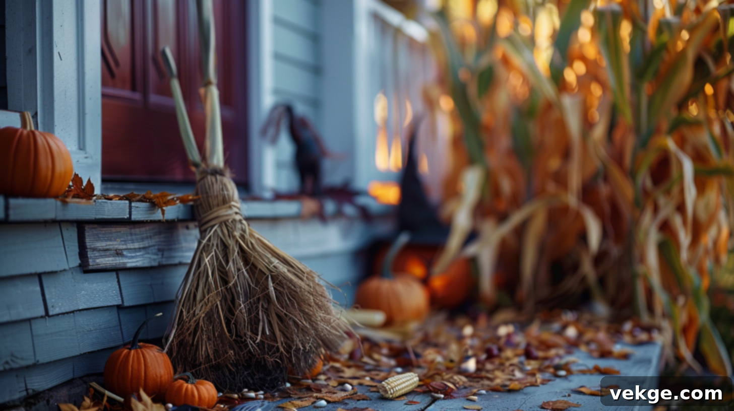 Harvest Season Porch Decor Ideas 3 Rustic Fall Porch with Vintage Broom, Pumpkins, and Autumn Leaves