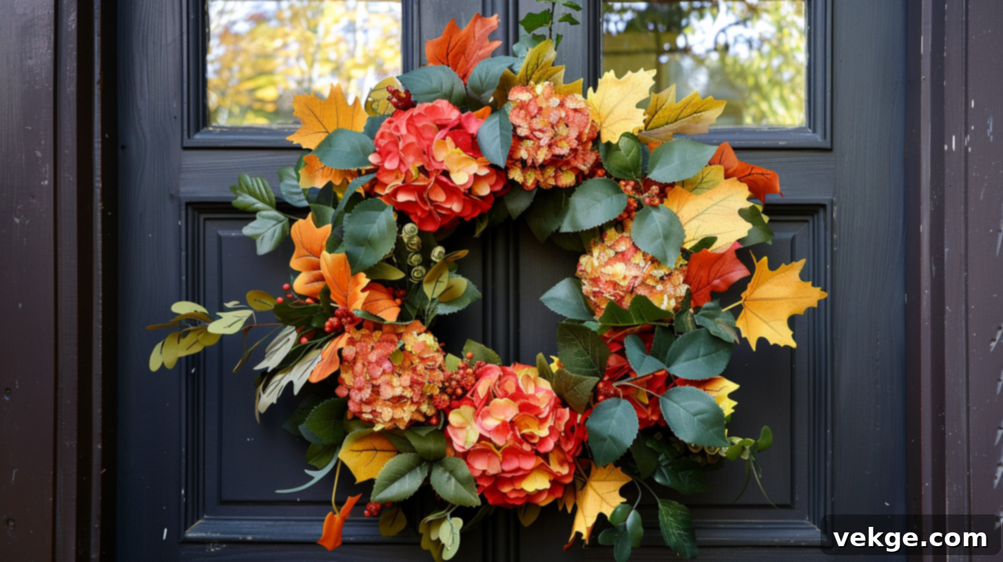 Harvest Season Porch Decor Ideas 31 Vibrant Autumn Hydrangea Wreath in Red, Orange, and Yellow for Front Door