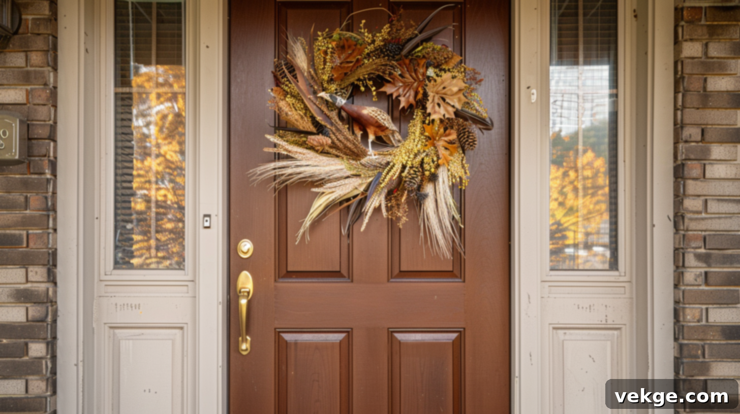 Harvest Season Porch Decor Ideas 32 Rustic Wheat Wreath with Dried Leaves for Natural Fall Door Decor