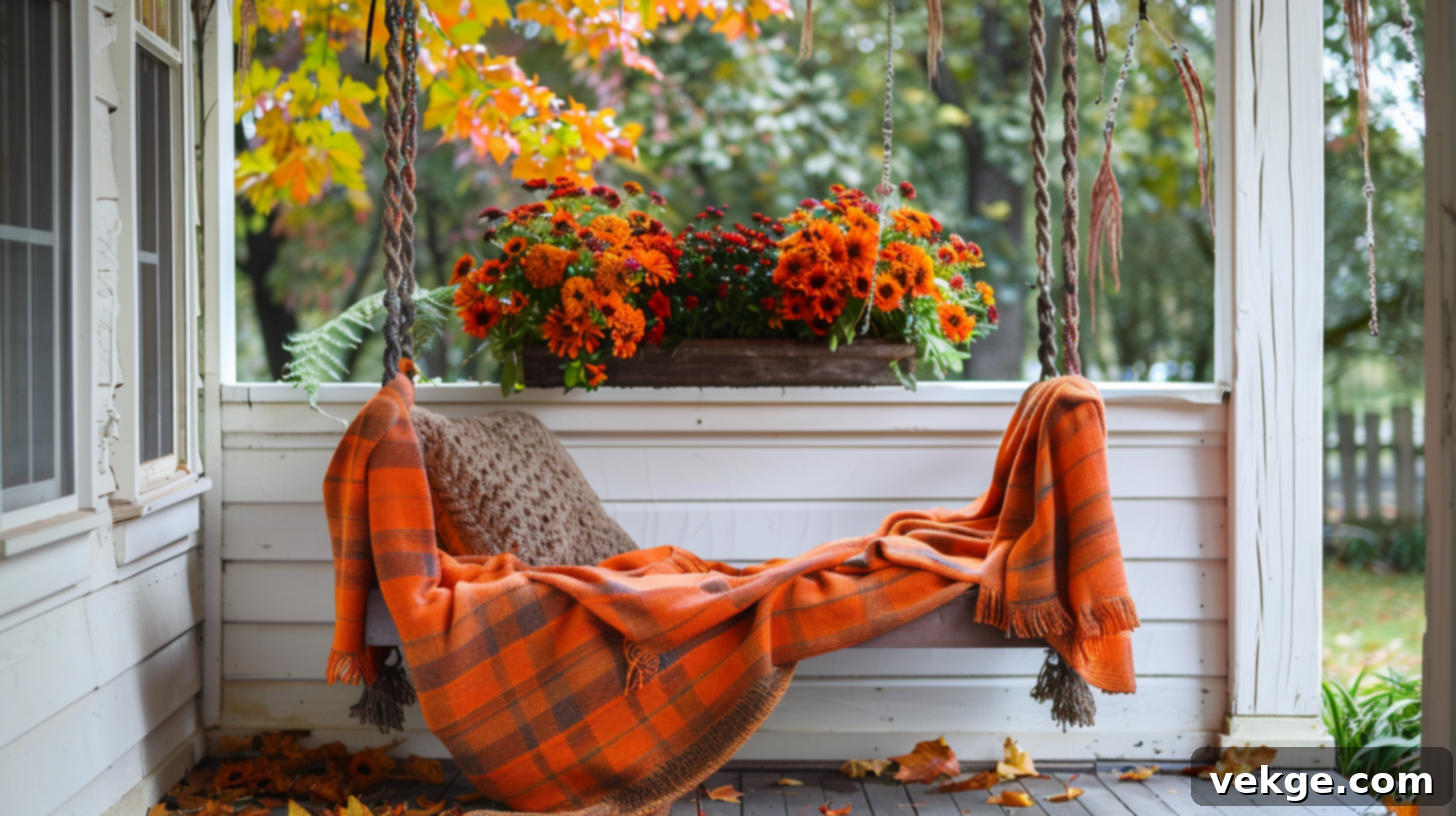 Harvest Season Porch Decor Ideas 33 Cozy Porch Swing with Vibrant Orange Throw Blanket and Seasonal Flowers