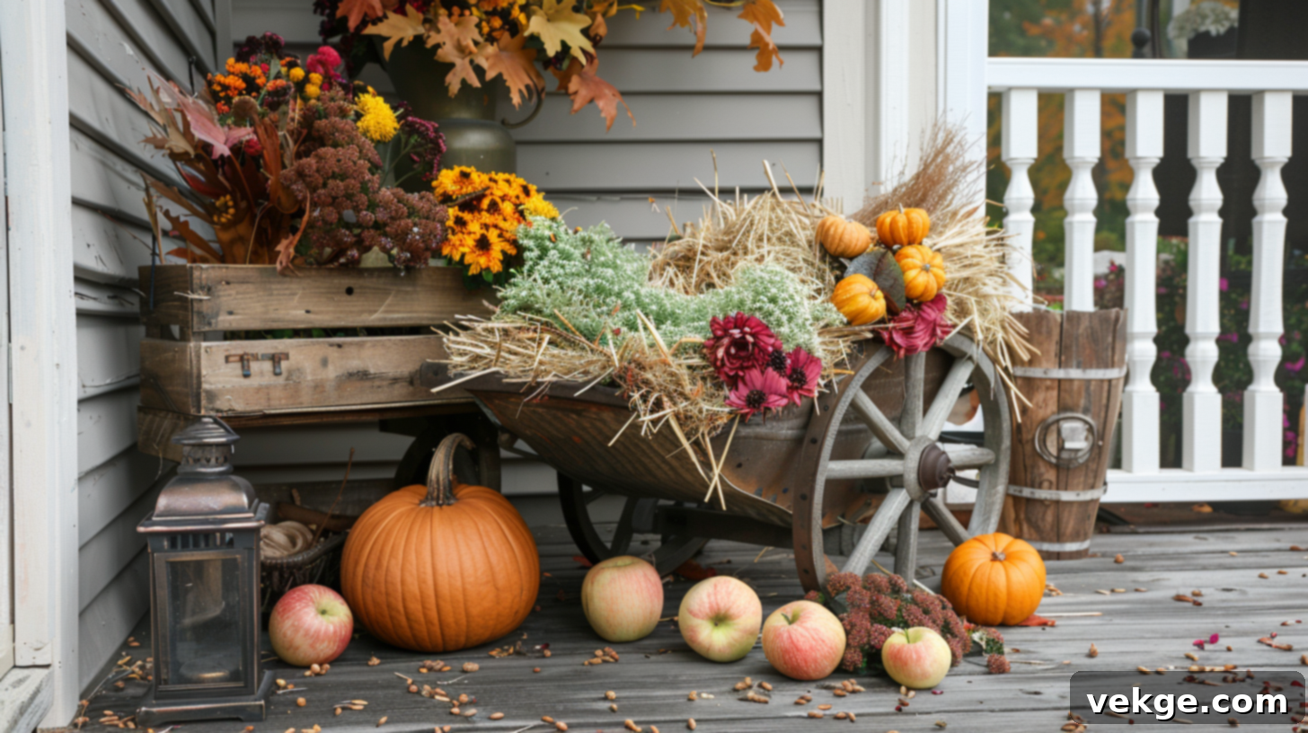 Harvest Season Porch Decor Ideas 35 Charming Rustic Wheelbarrow Display with Pumpkins, Hay, and Fall Flowers
