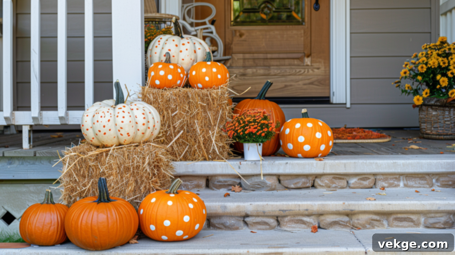 Harvest Season Porch Decor Ideas 37 Playful Polka Dot Pumpkins on Hay Bales for Fun Fall Porch Decor