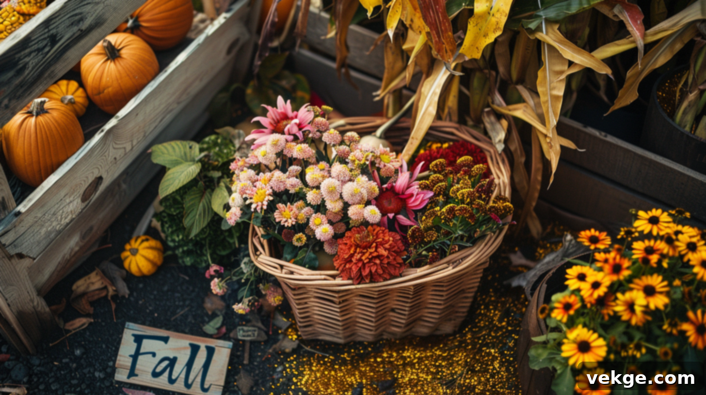Harvest Season Porch Decor Ideas 38 Bountiful Overflowing Autumn Bushel Basket with Colorful Flowers and Corn Stalks