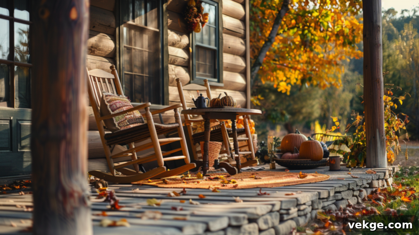Harvest Season Porch Decor Ideas 41 Cozy Rustic Fall Porch with Vintage Rocking Chairs, Teapot, and Pumpkins