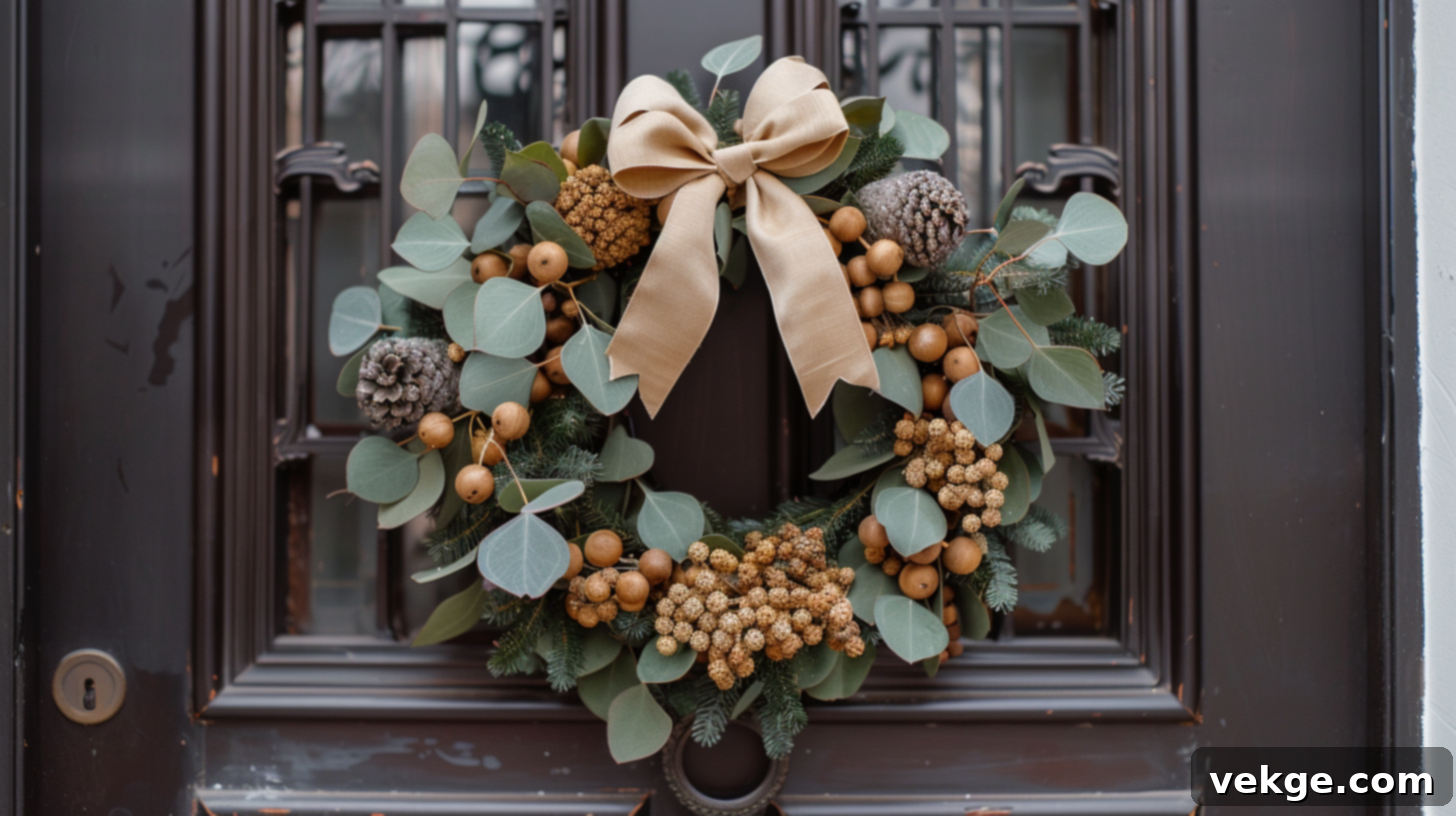 Harvest Season Porch Decor Ideas 42 Elegant Wood Bead Wreath with Eucalyptus and Pinecones for Fall Door