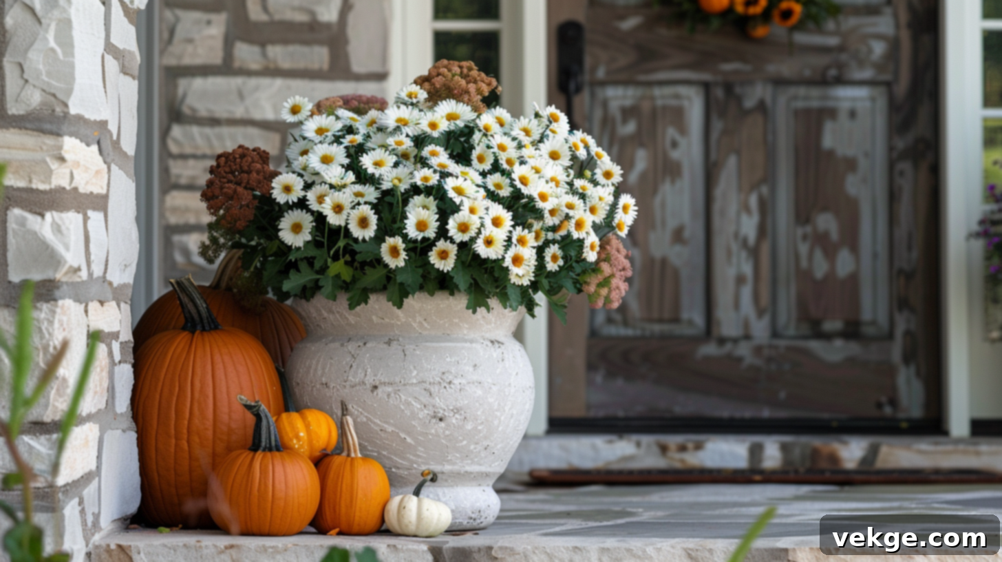 Harvest Season Porch Decor Ideas 43 Vibrant Fall Porch Display with Orange Pumpkins, White Mums, and Lush Greenery