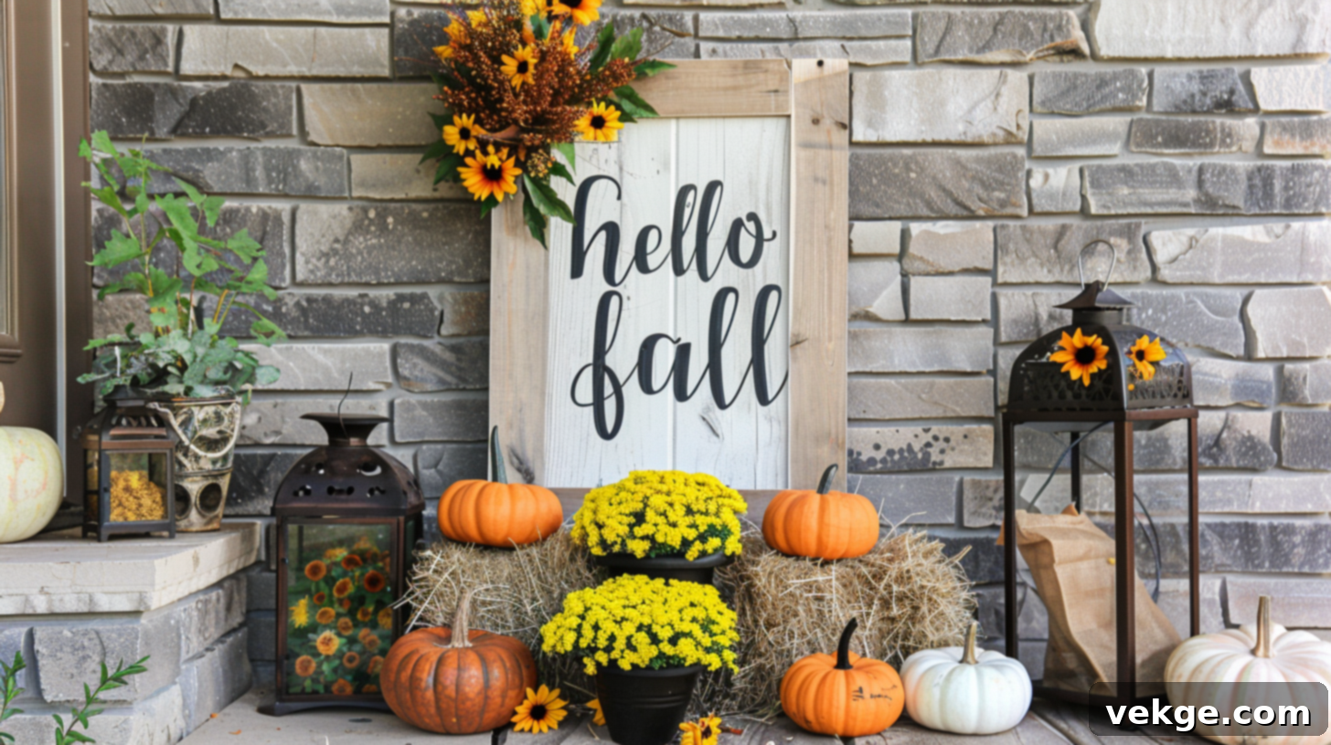 Harvest Season Porch Decor Ideas 44 Welcoming Neutral Front Porch Sign with Sunflowers, Pumpkins, and Lanterns
