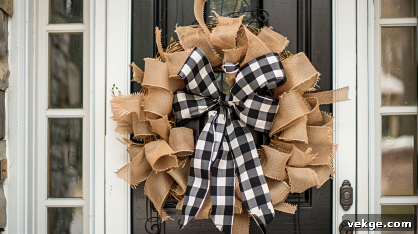 Harvest Season Porch Decor Ideas 45 Rustic Burlap Wreath with Black and White Checkered Bow for Fall Door