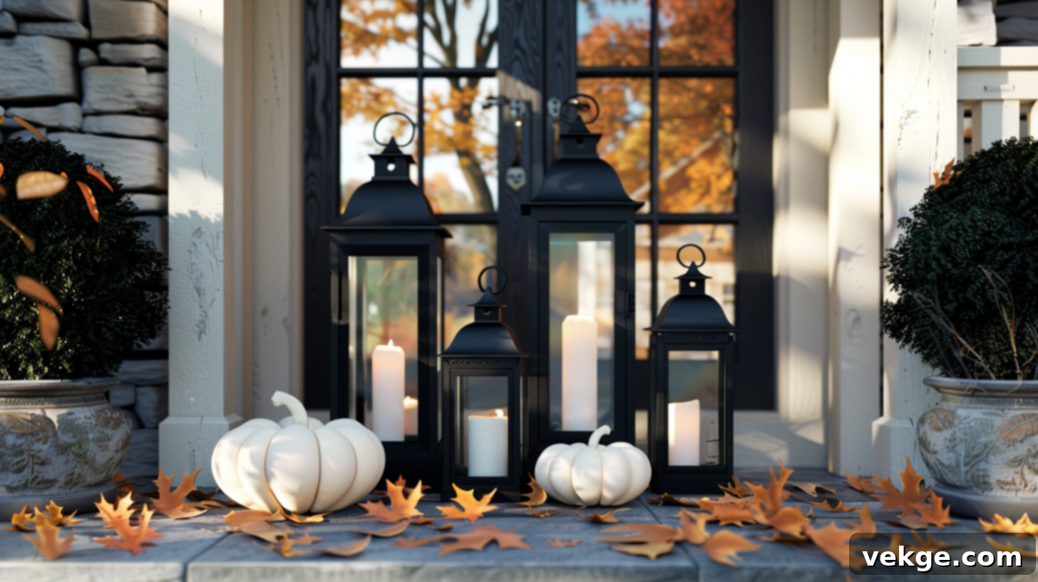 Harvest Season Porch Decor Ideas 5 Elegant Fall Porch Decor with Creamy White Gourds and Black Lanterns