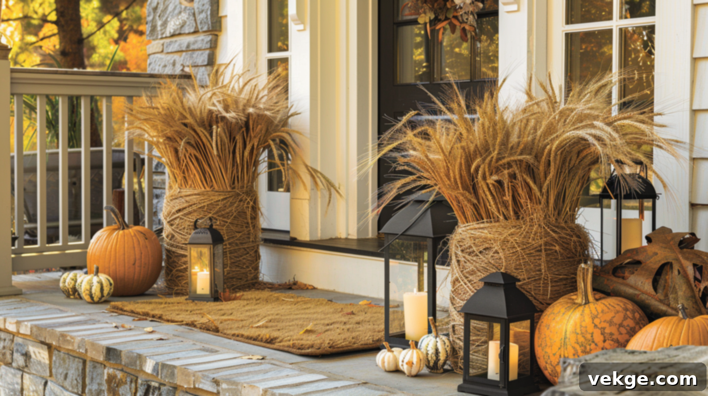 Harvest Season Porch Decor Ideas 7 Elegant Fall Porch Decor with Tall Wheat Bundles, Pumpkins, and Lanterns