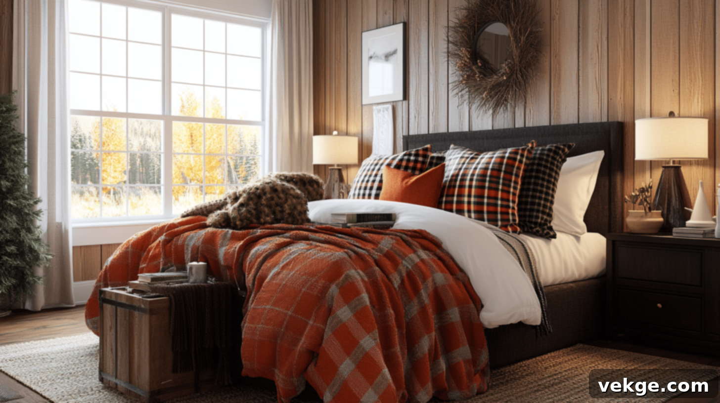 Plaid Throws and Pillows for Rustic Fall Bedroom