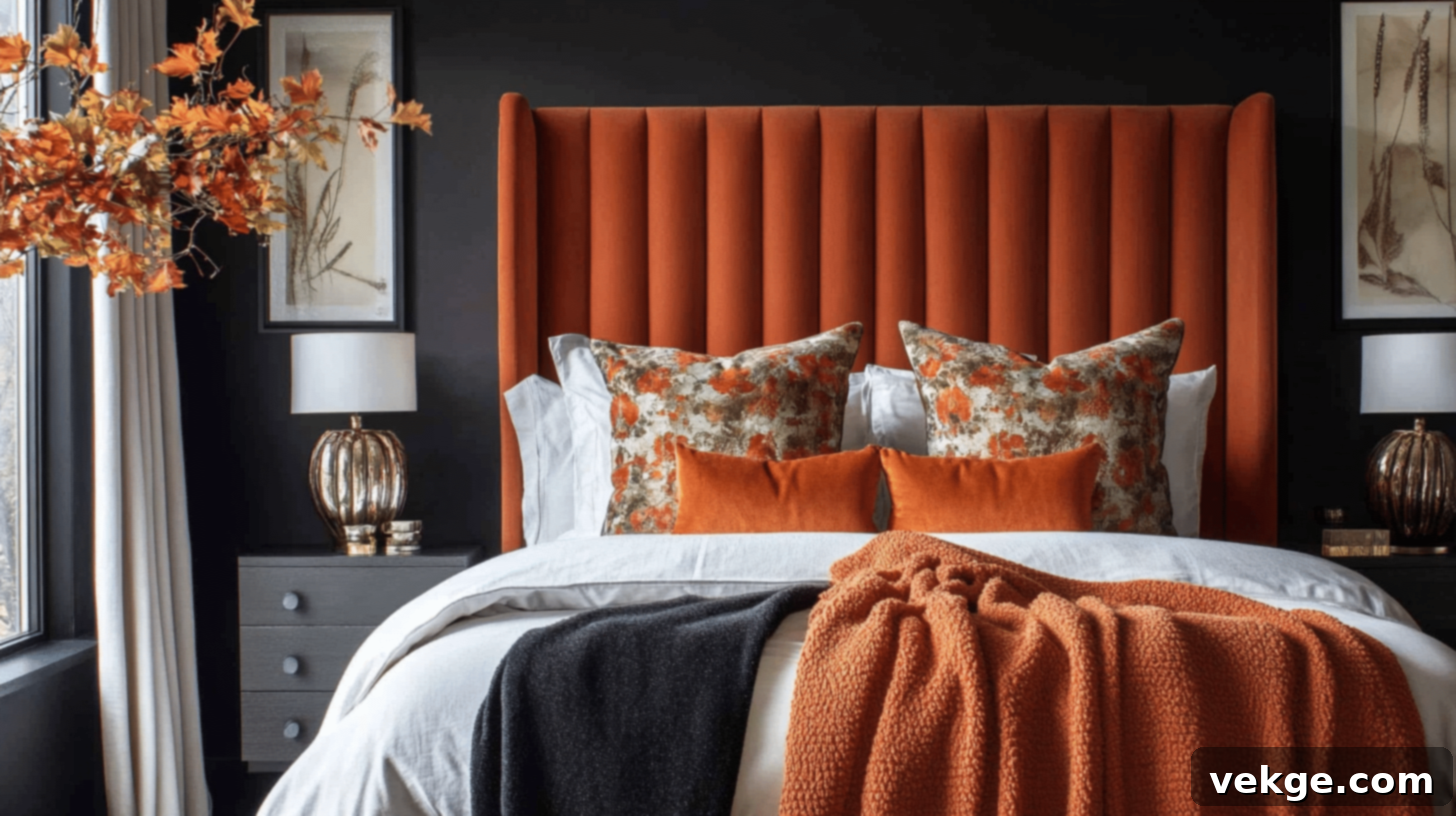 Orange Velvet Headboard for a Luxurious Fall Bedroom