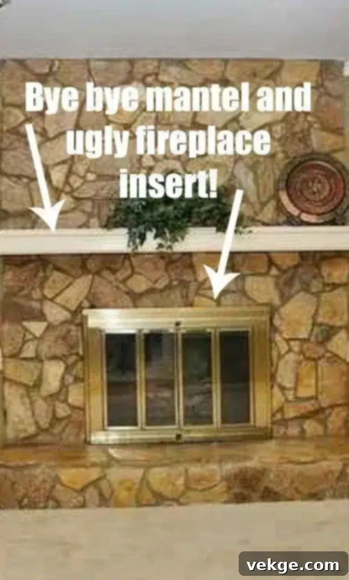 Removing an outdated fireplace insert and mantel for a modern concrete fireplace transformation.