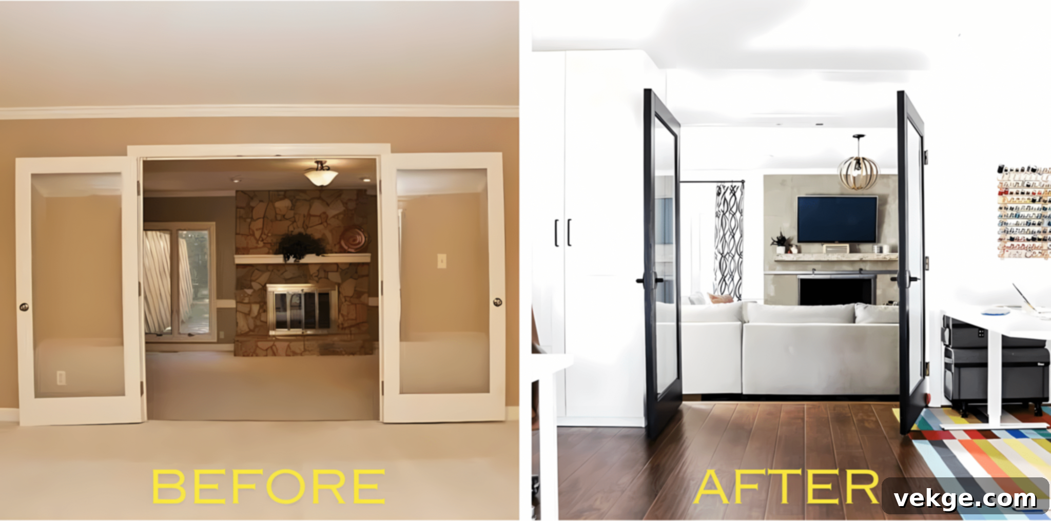 Before and after comparison of an old stone fireplace versus a modern concrete fireplace.