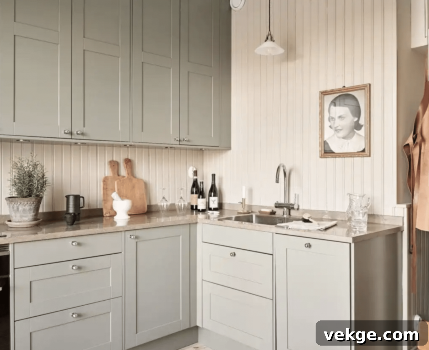 Shaker Cabinets Finished Off with an Off-White Shiplap Backsplash for a cultivated kitchen