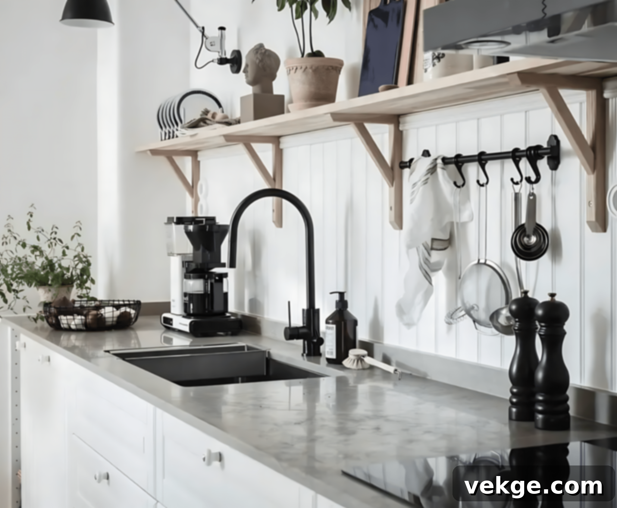A Gray Marble Countertop Combined with a White Shiplap Kitchen Backsplash for a sleek look