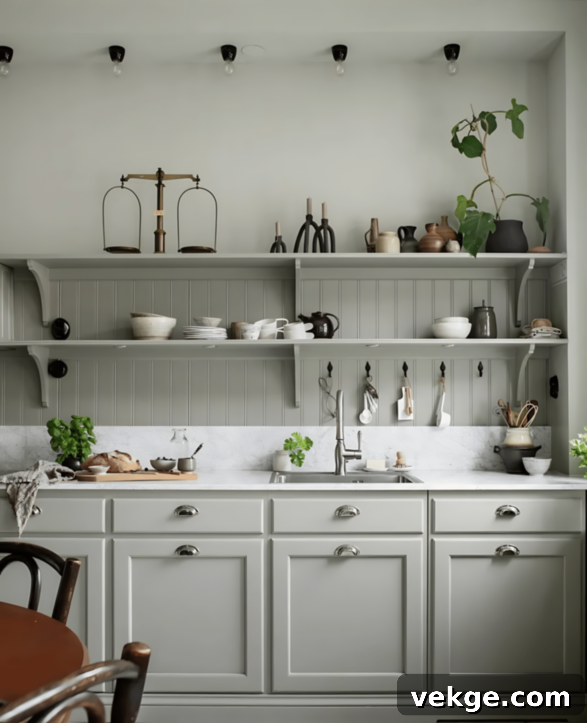 Shiplap Backsplash Behind a Wood Floating Shelf Set in a graceful kitchen