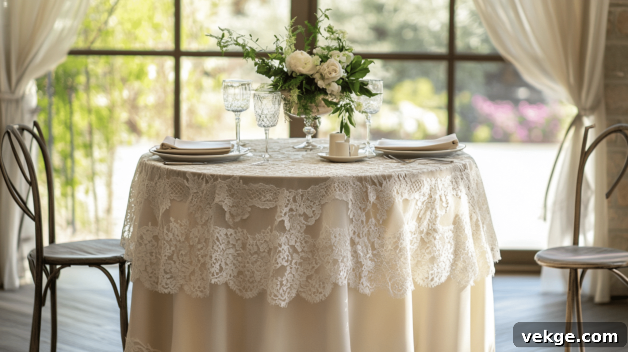 Layered Look for Round Tablecloths - Solid Base with Sheer Lace Overlay