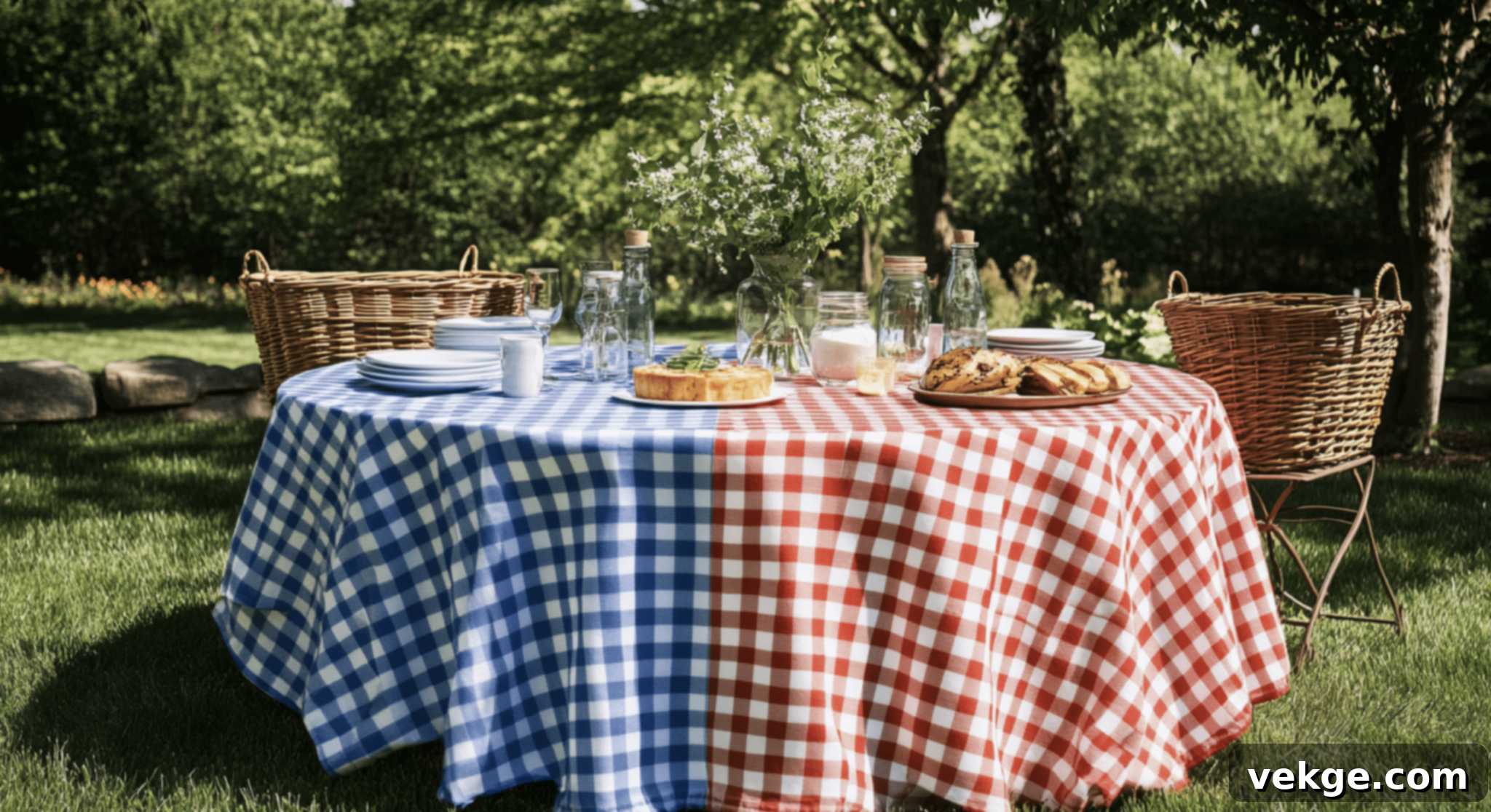 Outdoor Picnic Round Tablecloth - Gingham Pattern in Red or Blue