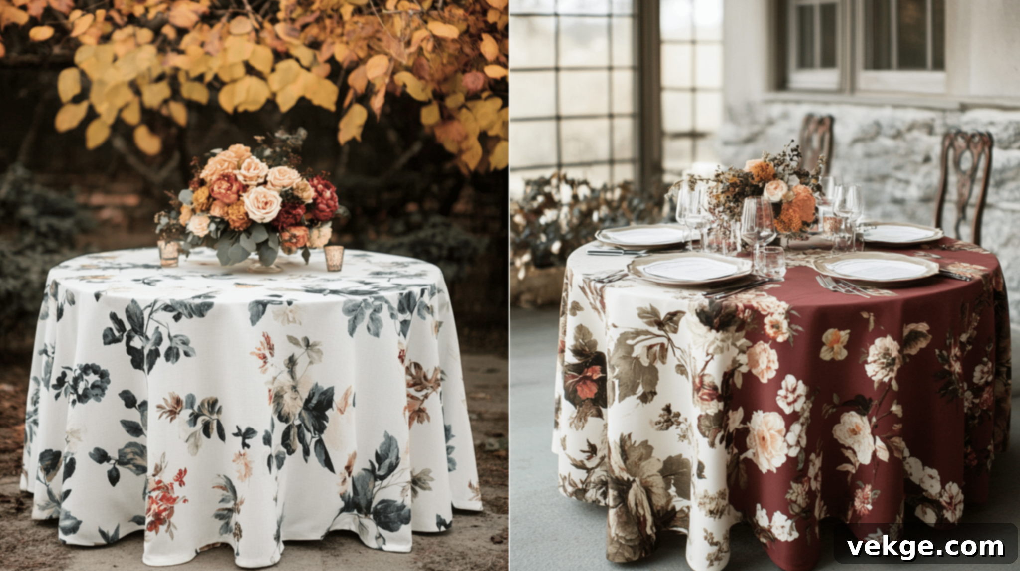 Seasonal Themes for Round Tablecloths - Spring Florals, Autumn Hues, Winter Metallics