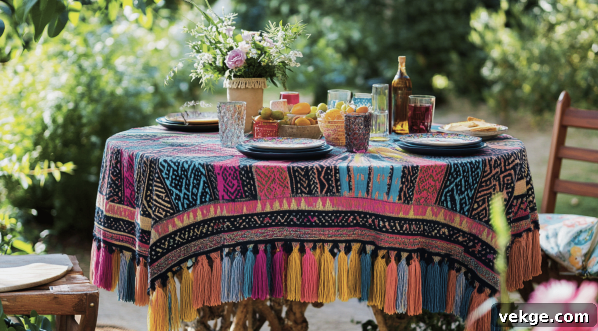 Bohemian Style Round Tablecloth - Colorful Patterned with Tassels or Fringe