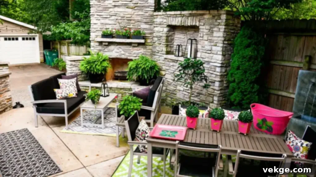 Create a captivating central focus in your outdoor area with a water feature, sculpture, or distinctive seating arrangement