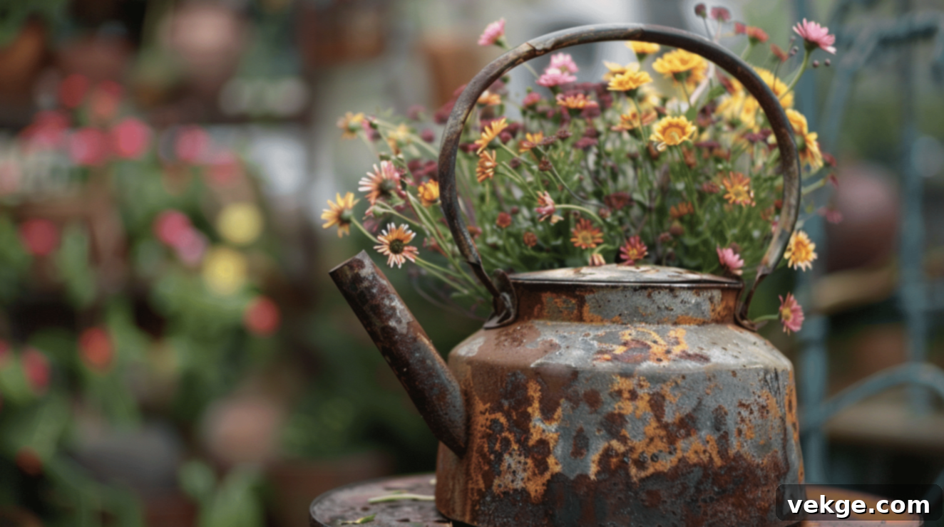 Rusty Kettle Upcycled as a Unique Flower Vase