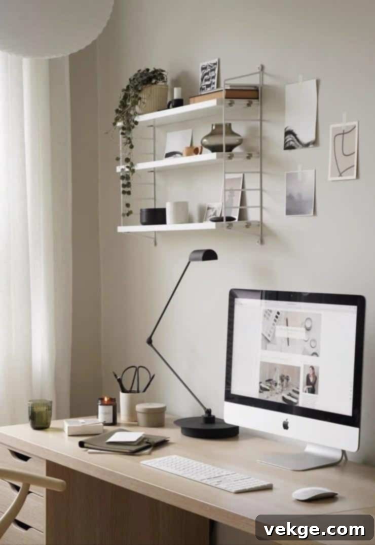Home office with green walls and wooden furniture