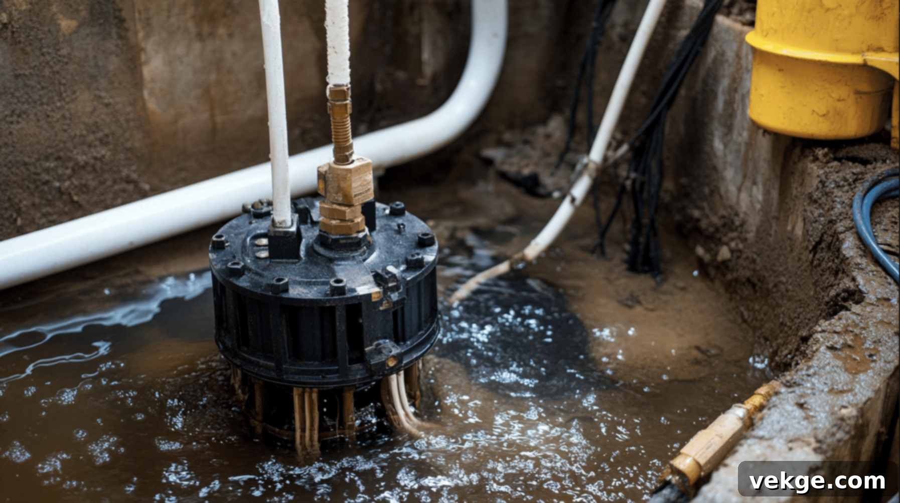 Submersible sump pump fully submerged in water, designed for quiet operation and powerful water removal