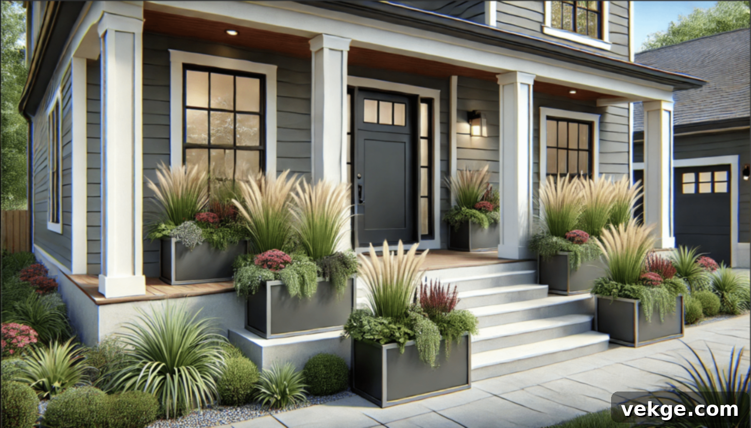 Sleek Rectangular Planter Boxes with Ornamental Grasses