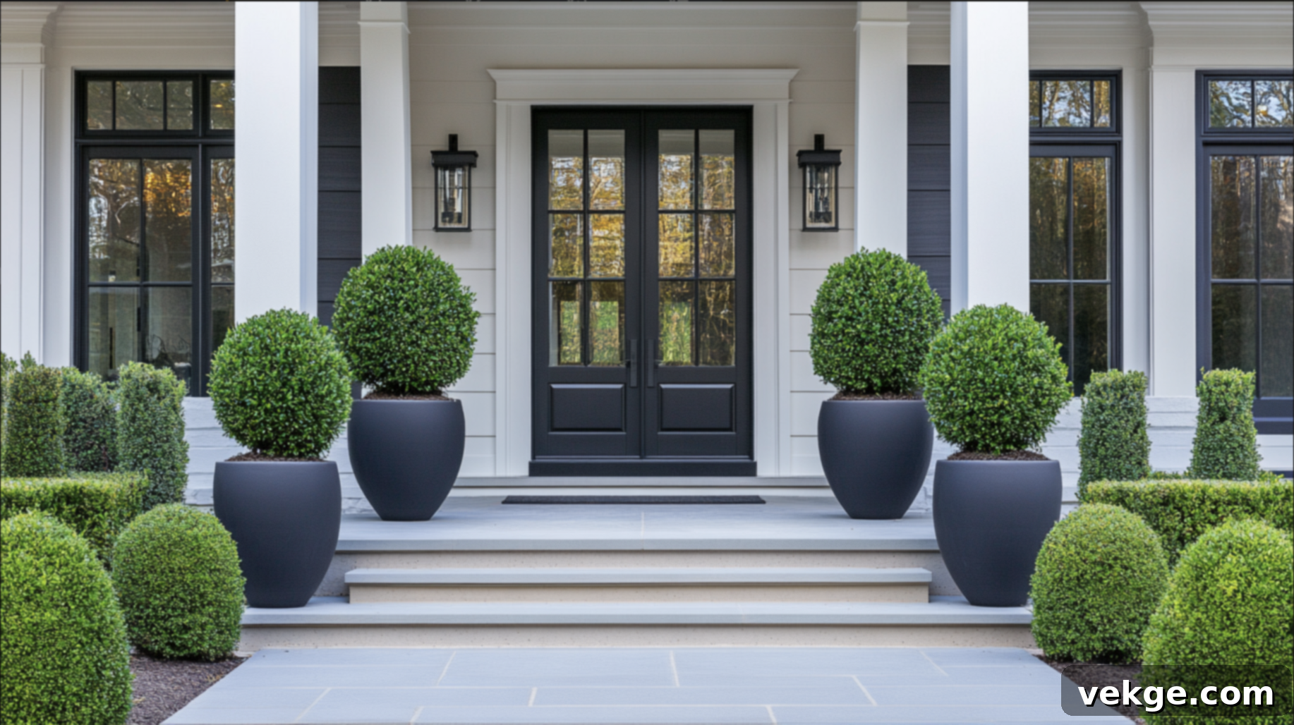 Boxwood Topiaries in Modern Planters for Fall Porch