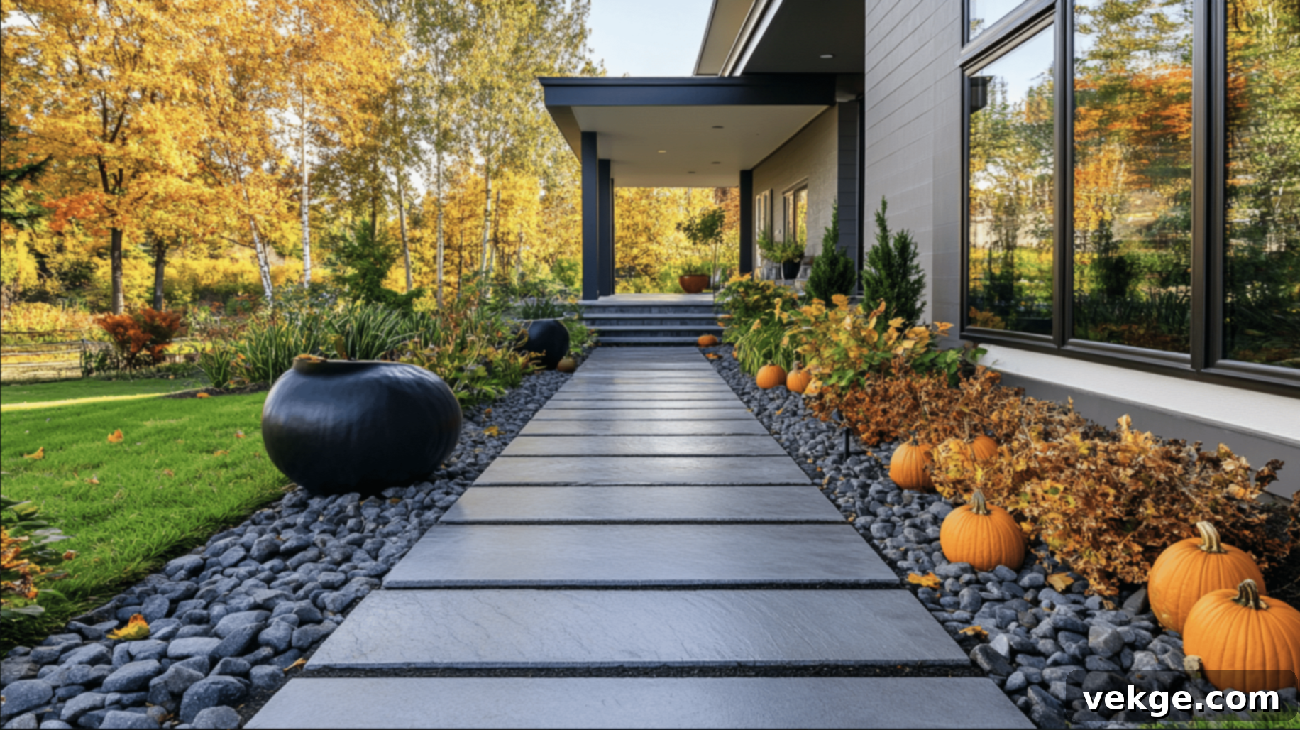 Sleek Polished Stone Pathway to Modern Front Porch