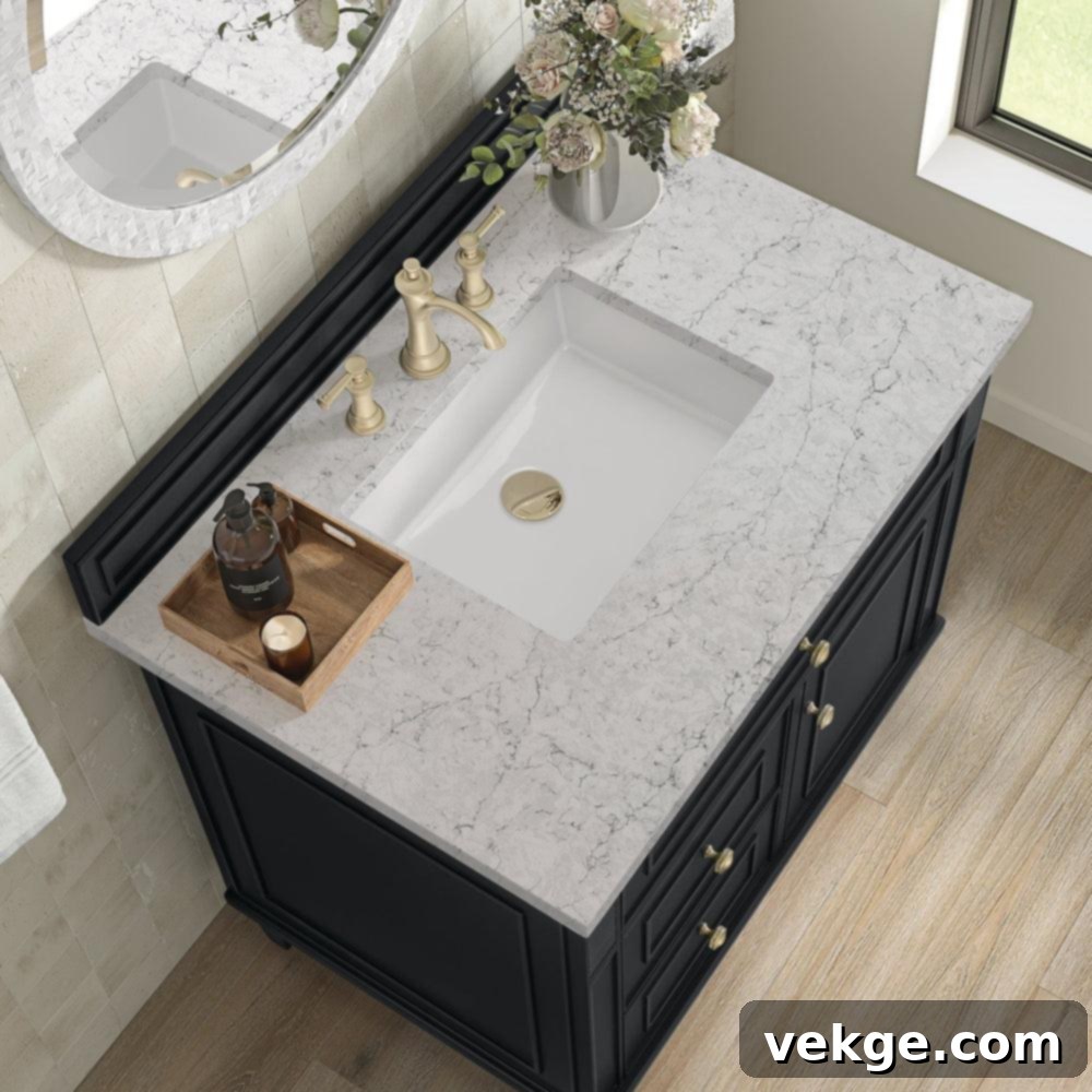 White Marble Countertop with Grey Veining on a Dark Vanity