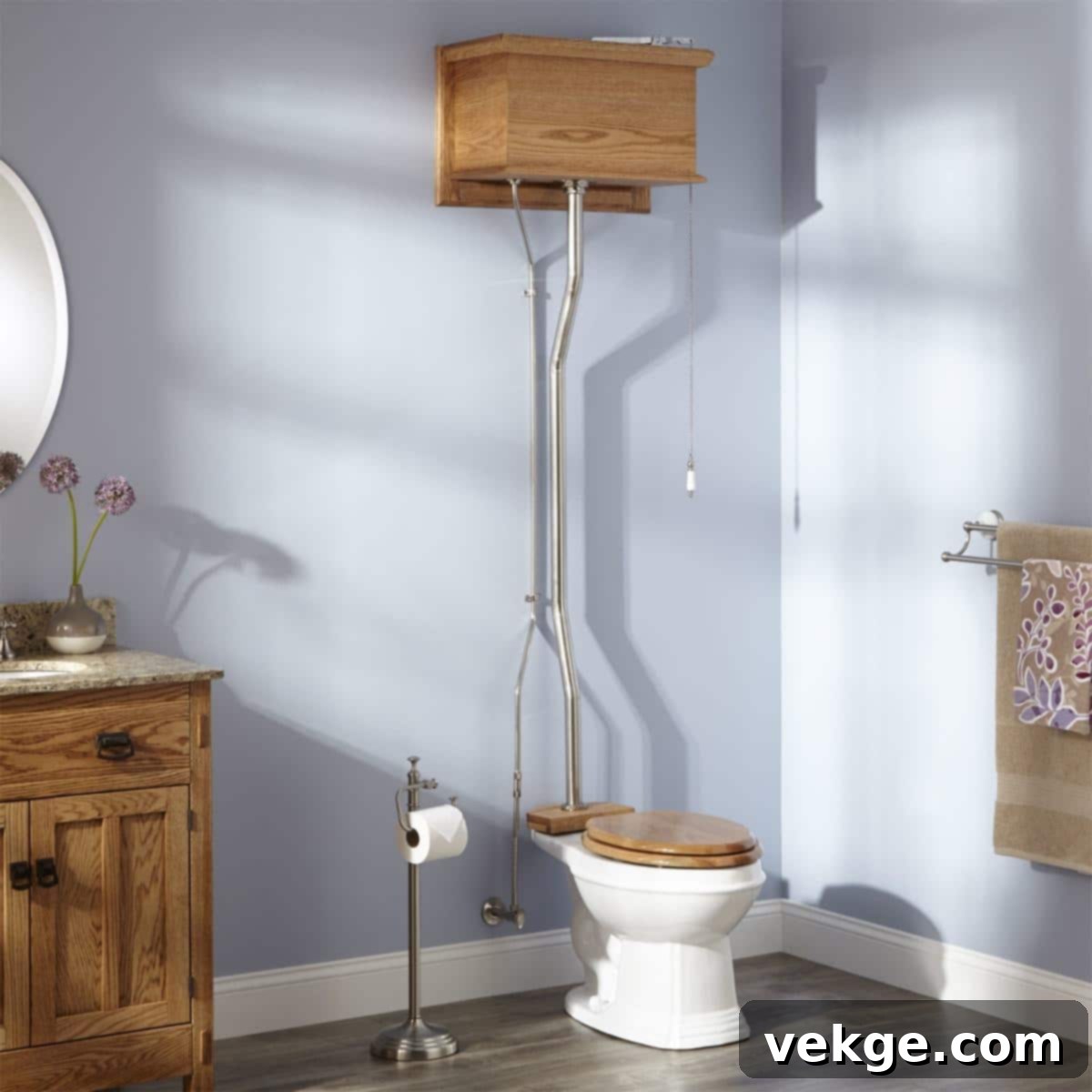 Charming High-Tank Pull Chain Toilet with Wooden Seat