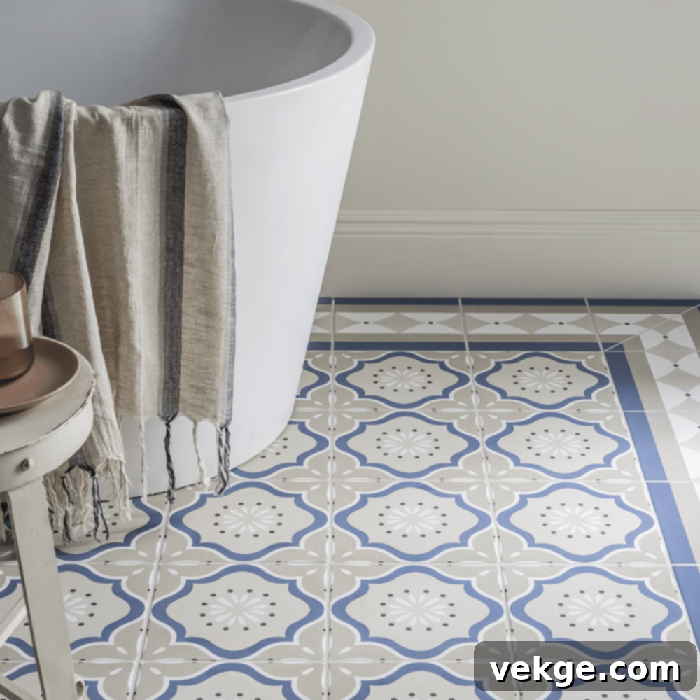 Victorian Geometric Patterned Floor Tiles in Blue, Beige, and White