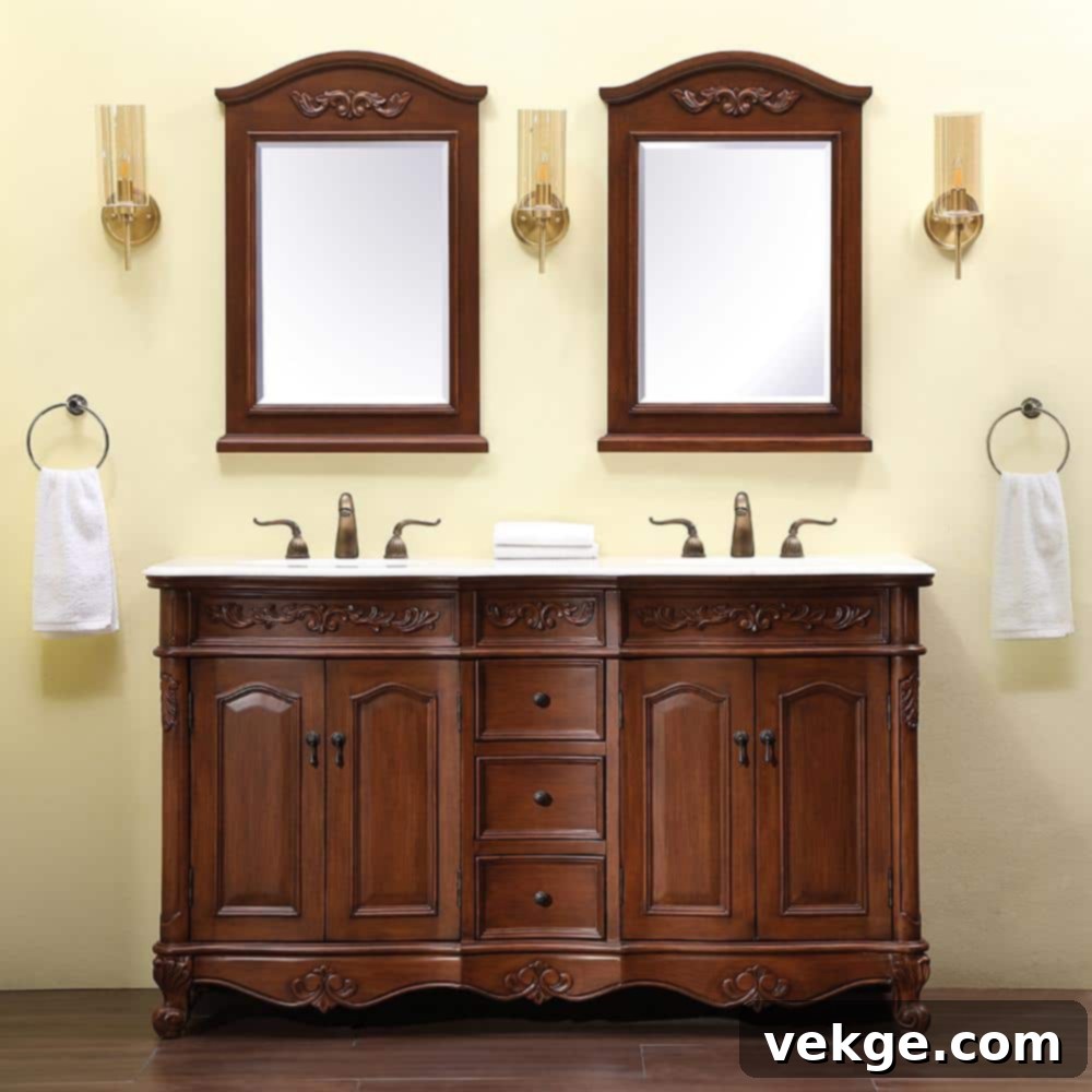 Dark Wood Freestanding Vanity with Double Marble Sinks