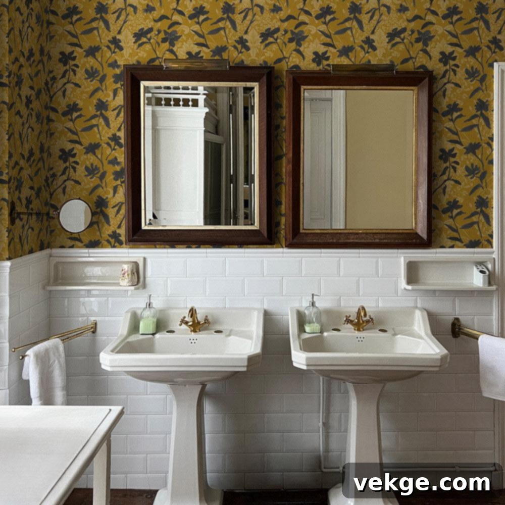 Victorian Floral Wallpaper in Gold and Navy with White Subway Tiles