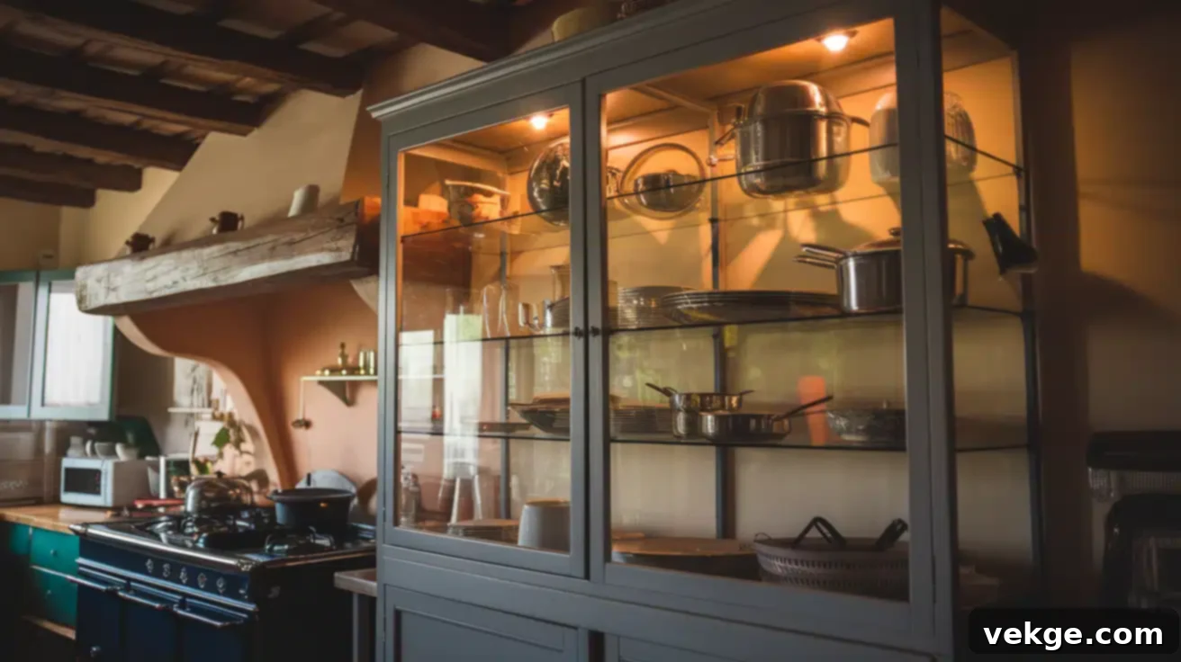 Glass Cabinet Lighting highlighting kitchen contents