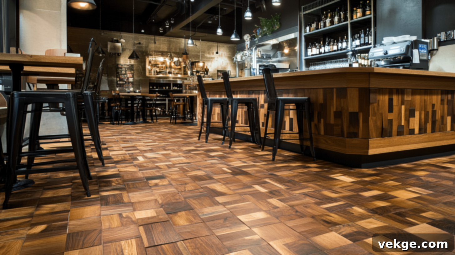 End-grain wood blocks flooring, showcasing tree growth rings for extreme durability and unique aesthetics