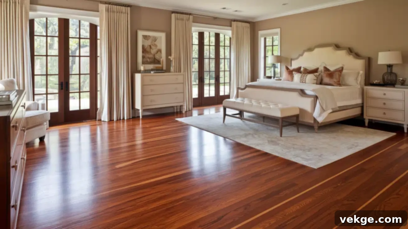 Mahogany hardwood flooring with straight grain, known for its luxurious reddish-brown color