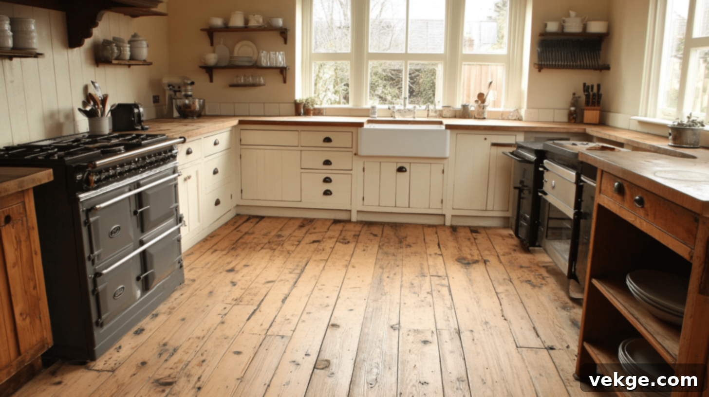 Distressed pine flooring, offering a rustic, lived-in look with intentional imperfections for character