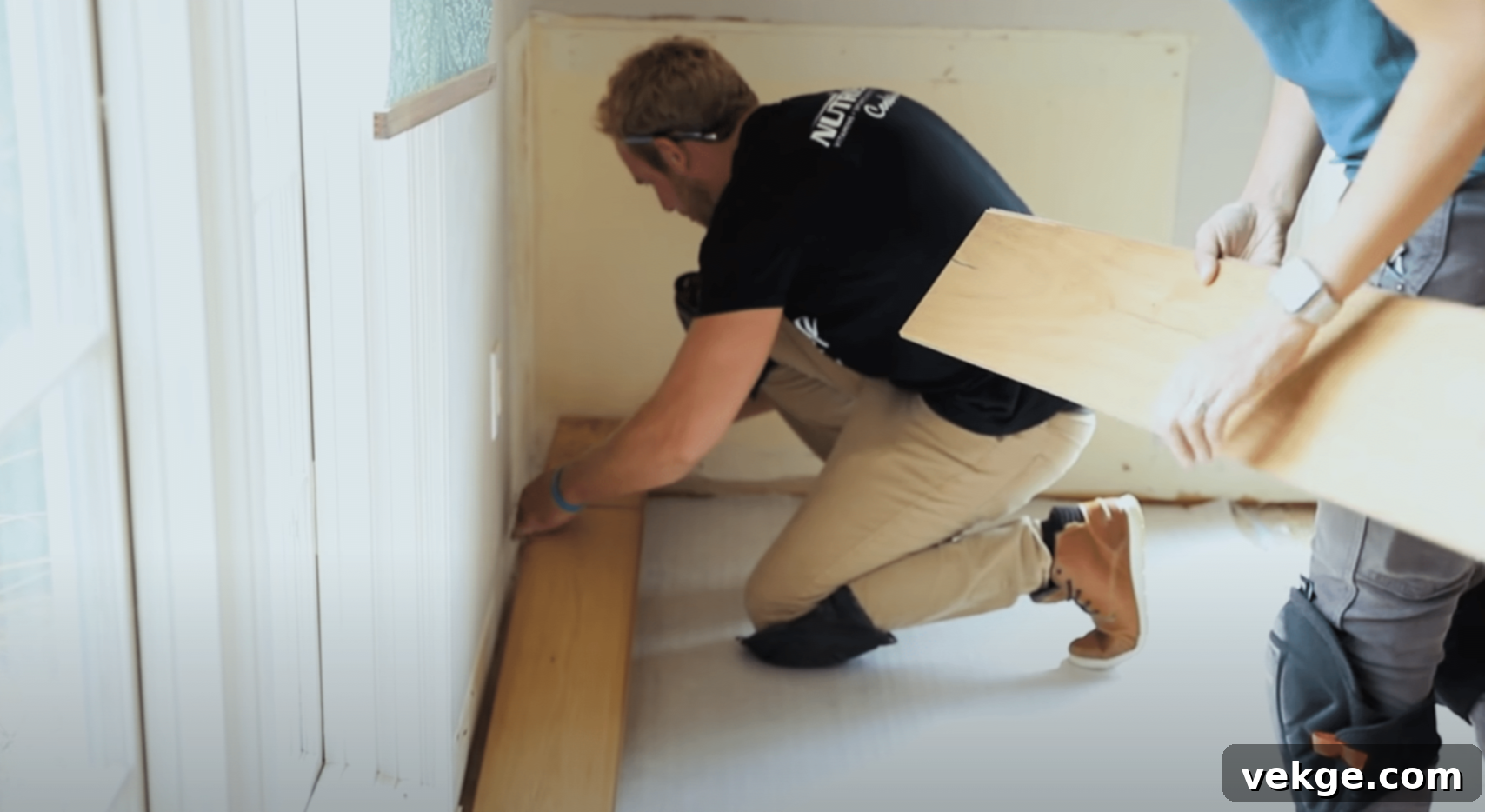 Step 3: Start installing hardwood planks using a click-lock system