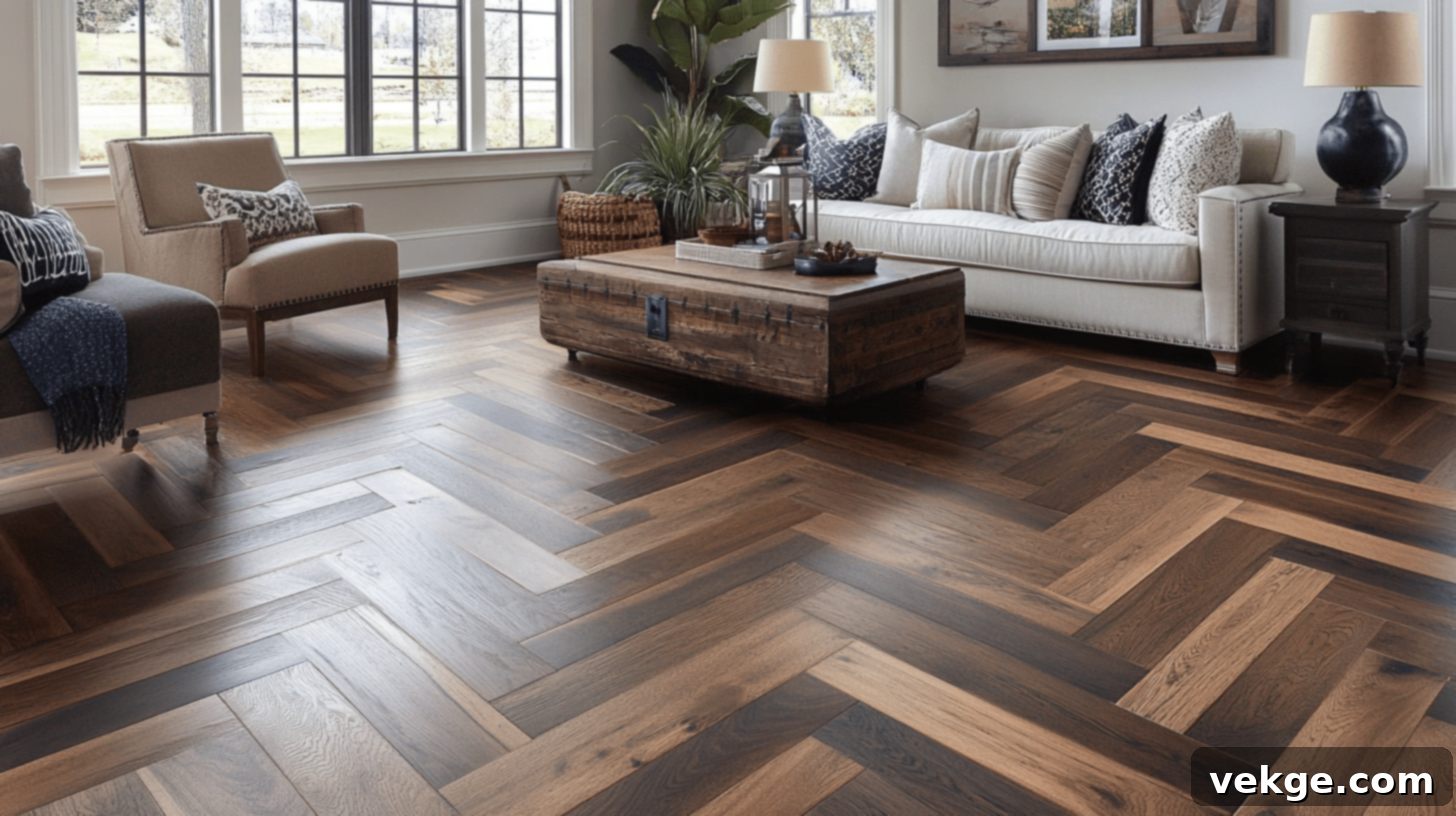 Herringbone pattern hardwood flooring for a sophisticated and classic interior