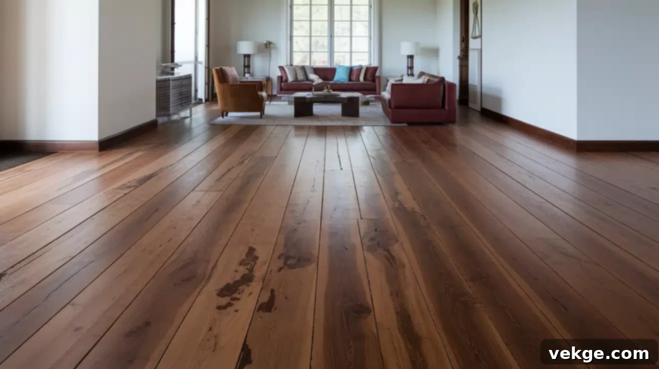 Wide plank walnut hardwood flooring, showcasing rich tones and luxurious appeal
