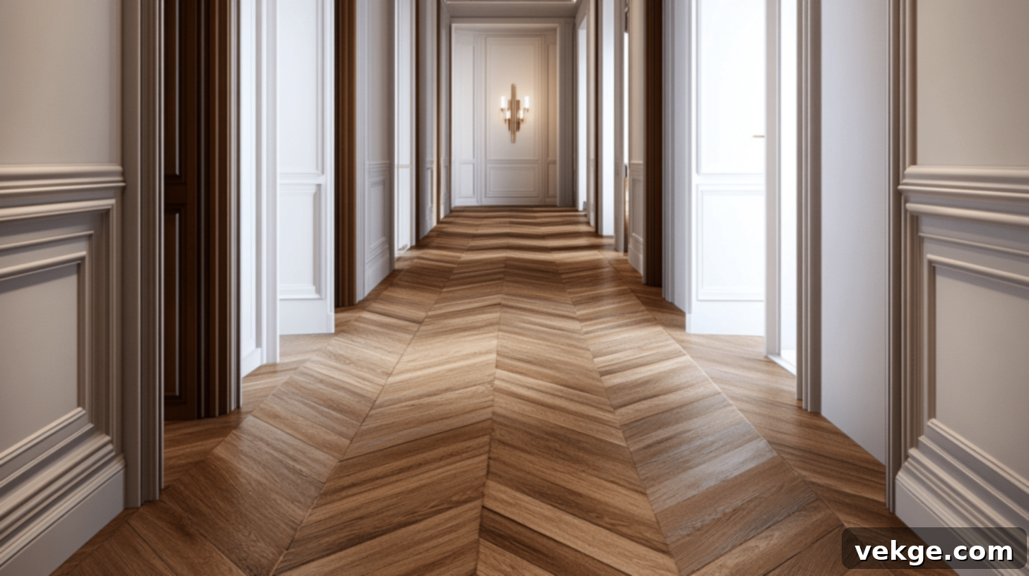 Chevron layout hardwood flooring, creating a dynamic and elegant V-shaped pattern